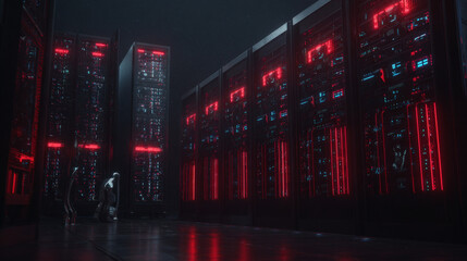 towering server racks with neon diagnostic lights robotic arm adjusting cable high tech data center interior illustration concept scene visual for commercial design use high detail quality stock image