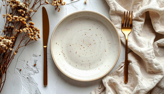 Neutral Toned Table Setting with Gold Cutlery and Dried Foliage
