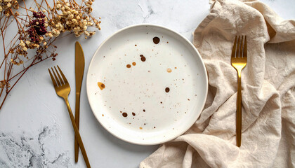 Artistic Plate with Gold Cutlery and Organic Splatter Marks