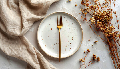 Empty Ceramic Plate with Gold Fork and Dried Floral Decor