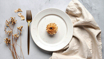Minimalist Table Setting with Single Fork and Dried Flower