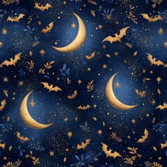 Naklejka premium Elegant Gold Bats Crescent Moons and Stars Night Sky Seamless Pattern Halloween Design
