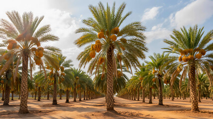 A sun-drenched date palm plantation with rows of trees bearing clusters of green, unripe fruit in a desert setting