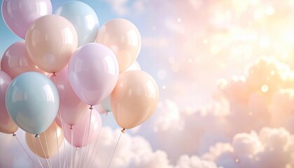 Pastel balloons floating against a dreamy sky background suitable for celebrations