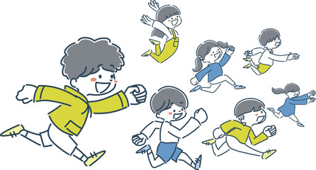 目標に向かって走る子供たちのシンプルでおしゃれな線画イラスト素材