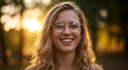 A cheerful young woman wearing stylish glasses, smiling brightly outdoors under natural sunlight, soft bokeh background with vibrant colors, ultra-detailed portrait, 8k resolution
