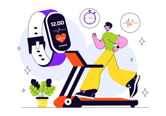 Smart Wearable Gadgets Vector Illustration Featuring Technology Devices with Comprehensive Health Tracking Applications, Music, and Communication Apps
