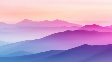 Obraz premium Mountaintop sunset fog concept. Abstract landscape with soft pastel mountain silhouettes at sunrise.