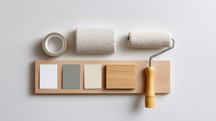 Obraz premium Minimalist composition of paint roller and color samples symbolizing home improvement