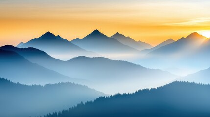 Fototapeta premium Mountaintop sunset fog concept. Misty mountains at sunrise create a serene, tranquil landscape.
