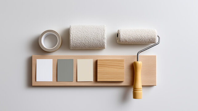 Minimalist composition of paint roller and color samples symbolizing home improvement