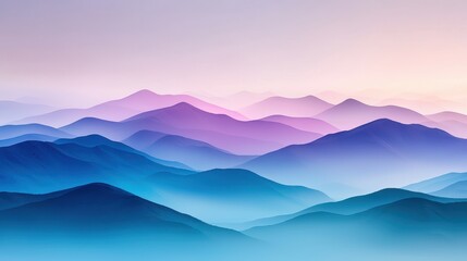 Obraz premium Mountaintop sunset fog concept. Vibrant abstract landscape with layered mountains in shades of blue and purple.