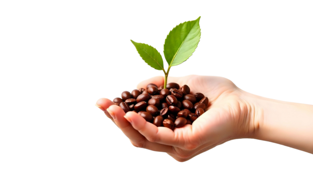 Hands holding raw coffee beans against a transparent background, celebrating International Coffee Day and coffee culture - Powered by Adobe