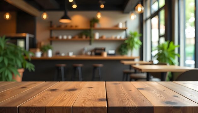 A wooden table in a coffee shop, surrounded by plants, creating a cozy vibe for International Coffee Day celebrations