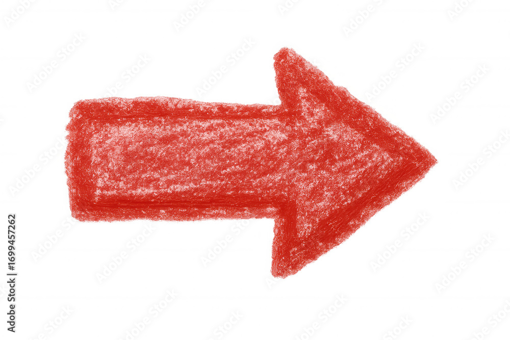 Poster red crayon arrow directing rightward, transparent backdrop highlighting graphic design element for p