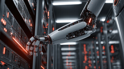 towering server racks with neon diagnostic lights robotic arm adjusting cable high tech data center interior illustration concept scene visual for commercial design use high detail quality stock image