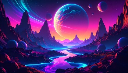 Cosmic Twilight Over a Luminous River in a Neon-Hued Alien Mountainscape