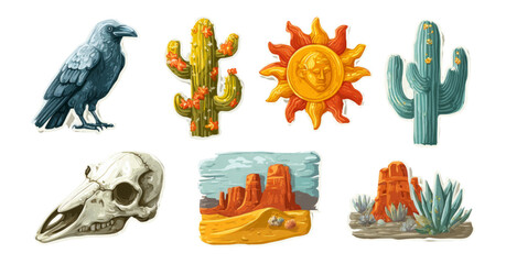 Colorful Illustrations of Southwestern Elements Including Raven and Cactus