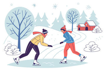 People ice skating on a frozen lake, surrounded by snowy trees vector illustration