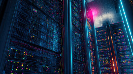 towering server racks with neon diagnostic lights robotic arm adjusting cable high tech data center interior illustration concept scene visual for commercial design use high detail quality stock image