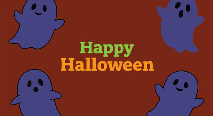 Cartoon happy halloween greeting card with four purple ghosts on a brown background centered text
