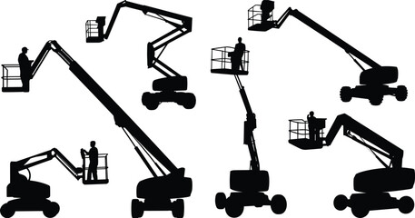 Five boom lifts with workers, cherry pickers, aerial work platforms, construction equipment, industrial machinery, elevated work access, telescopic lifts, articulating lifts, silhouette set