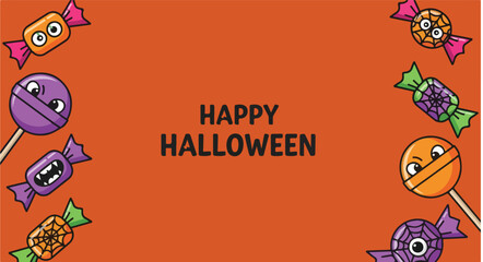 Happy halloween text with cartoon candies and lollipops on an orange colored background illustration