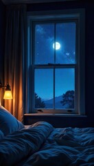 Dark, starlit night sky visible through a bedroom window, moonlight illuminating a ceiling  Perfect for relaxation, sleep, dreams, and celestial themes ,  darkness,  above,  nocturnal