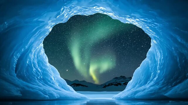 Cinematic shot inside a blue ice cave, framing a majestic starry night with vivid aurora borealis over snowy mountains. Epic and serene.