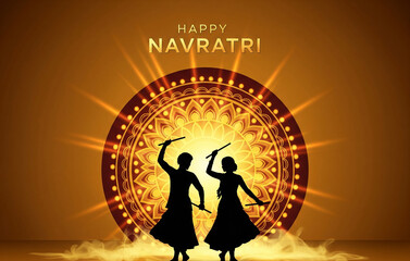 Navratri poster-minimal garba dance with dandiya silhouette in front of a glowing circular mandala, saffron and gold palette, modern typography at the top reading ‘Happy Navratri"