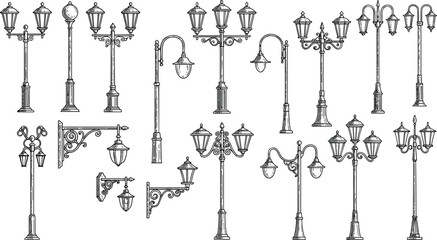 Vintage street lamps collection, classic lanterns, ornate outdoor lighting, decorative lamp posts, antique design, black and white sketch © MDALRAFIN