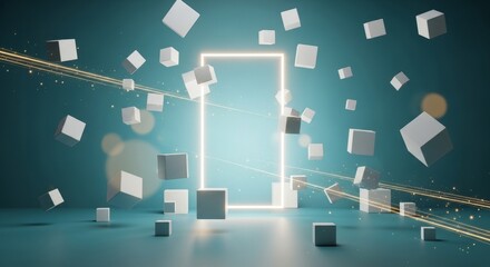 Abstract 3D Render with Floating Cubes and Glowing Frame