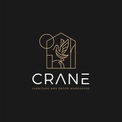 Line art crane bird house logo for furniture and decor warehouse, elegant modern minimal geometric business identity design