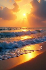 Golden hour sunlight bathes a vast, tranquil ocean in a shimmering, ethereal glow The waves gently lap the shore, creating a breathtaking scene of natural beauty , marine, serene