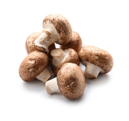 Fresh champignon mushrooms isolated on white background, closeup
