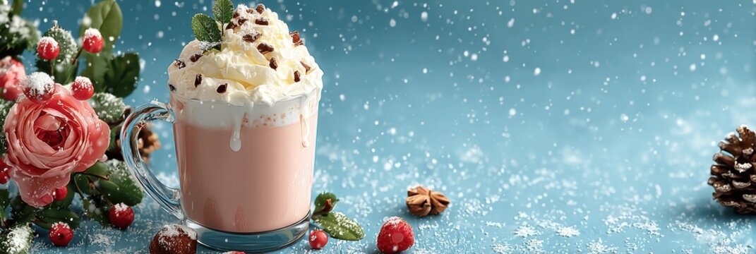 Delicious pink hot chocolate with whipped cream and mint on a snowy winter background with festive decorations