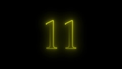 Neon 11 number mathematics text icon animation yellow color text on black background. Glowing neon 11 motion graphics animation. Number 11 vector illustration. Digits with glowing lights and bulbs. - Powered by Adobe