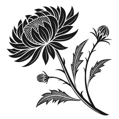 Black and white stylized chrysanthemum flower with buds and leaves
