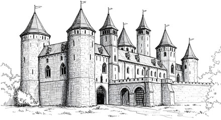 Obraz premium Medieval Castle Sketch with Towers