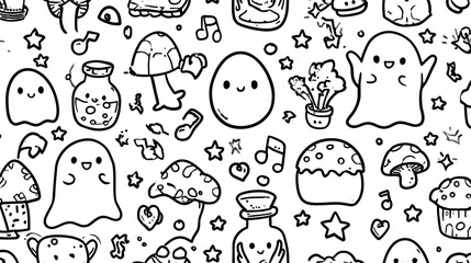 Whimsical black and white pattern with cute ghosts, mushrooms, and stars