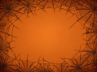 Spooky Halloween background featuring vibrant orange color with intricate spider web designs framing center. Perfect for festive decorations or themed events