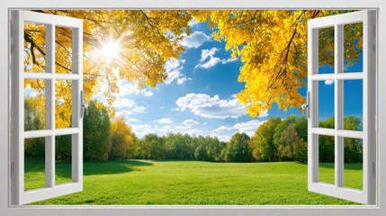 Fototapeta premium A window open to the sky and grass offers a view of nature and freedom from a room in a house