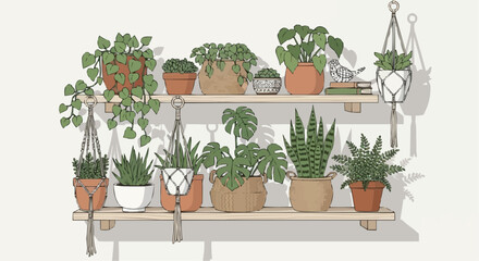 A charming illustration of a plant-filled wooden shelf with various potted plants and hanging planters.