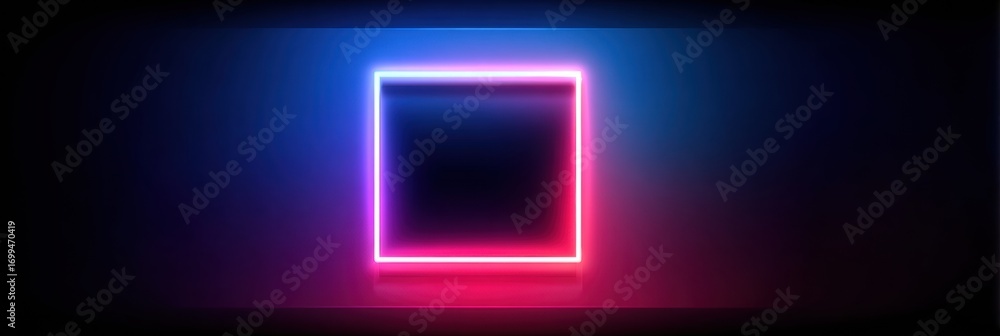 Poster bright neon square glowing in dark background, creating a vibrant contrast of colors for digital art