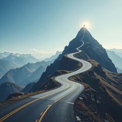 A winding road ascending a mountain, symbolizing career progression and the journey to success Challenges and milestones are represented by the curves and altitude , road, progress, elevation