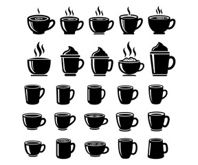 Hot Chocolate Mug Icon Set – Black and White Christmas Vector Pack