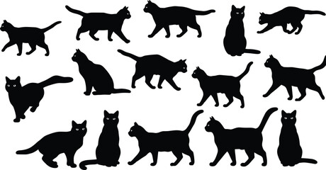 Black cat silhouettes in various poses including walking, sitting, standing, and playing with detailed eyes vector illustration set.