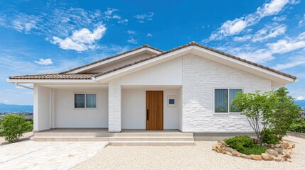Traditional Japanese House Exterior with Zen Garden and Blue Sky