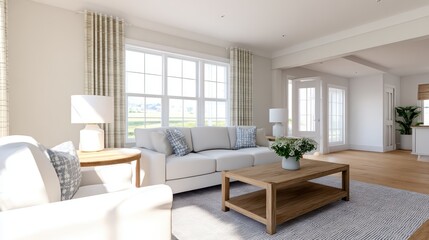 Fototapeta premium Modern, bright living room featuring a cozy sofa, wooden coffee table, and large windows with scenic view