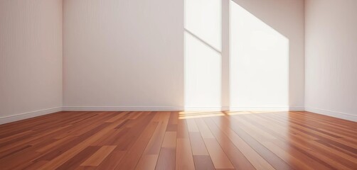 Fototapeta premium Sunlit empty room, polished wooden floorboards, simple, interior design